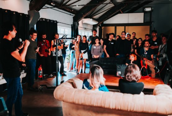 Man giving talk at a cafe-bar